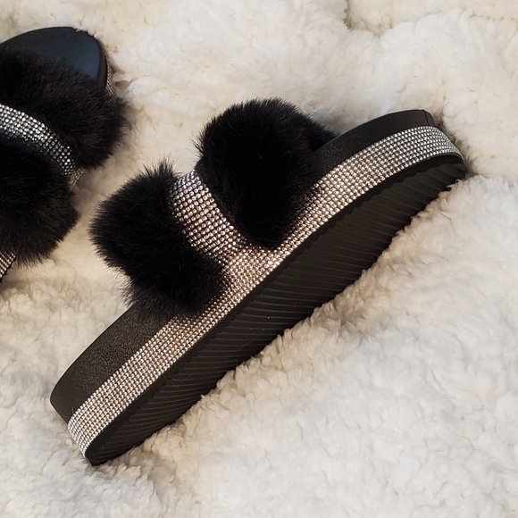 Black Furry and Silver Bedazzled Slippers - Picture 6 of 11